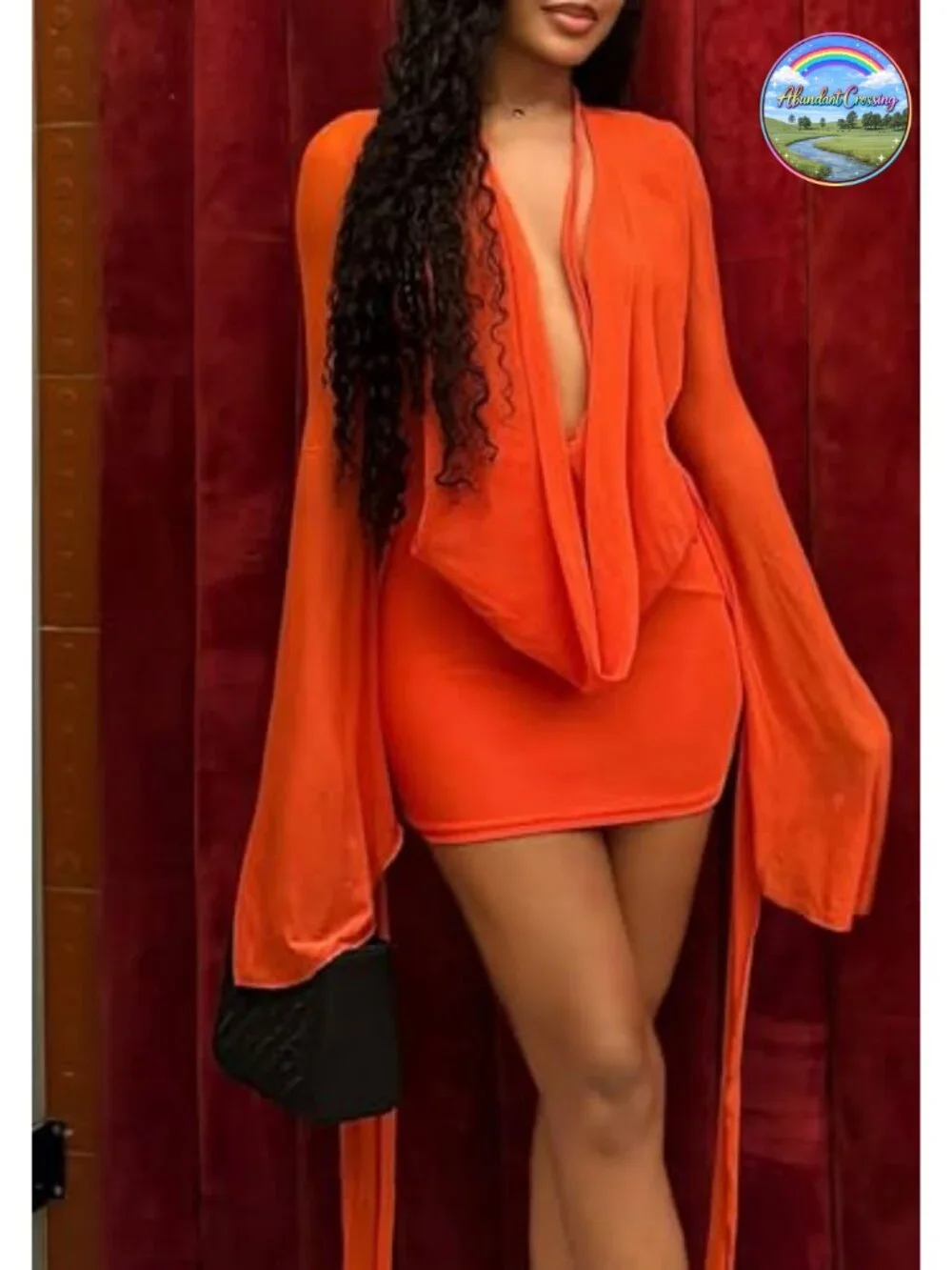 Women's Mesh Cowl Neck Backless Mini Dress Long Sleeve Party